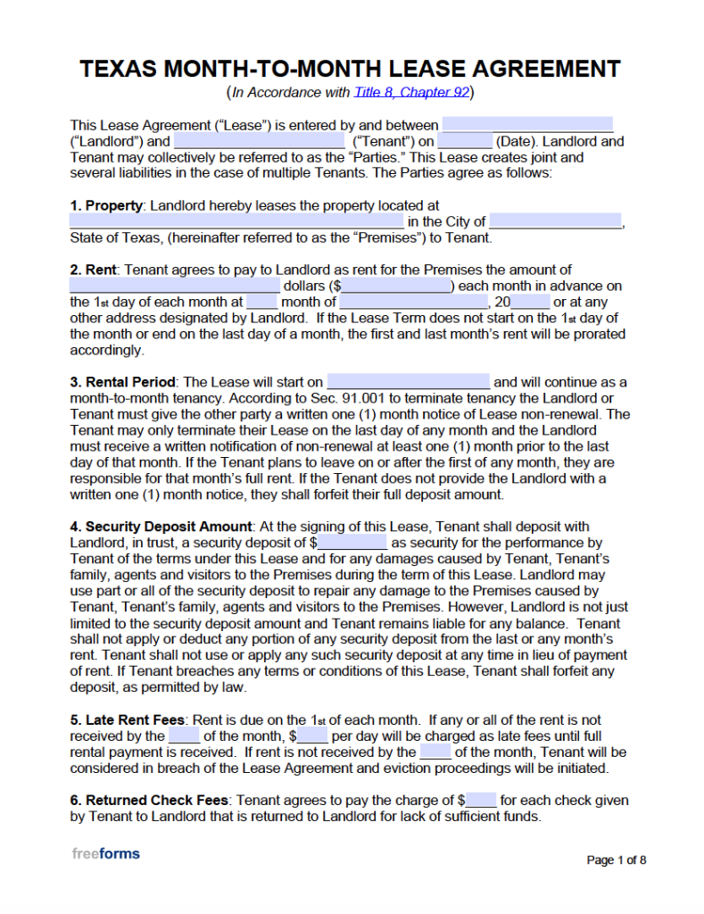 Free Texas Month To Month Lease Agreement Form PDF WORD
