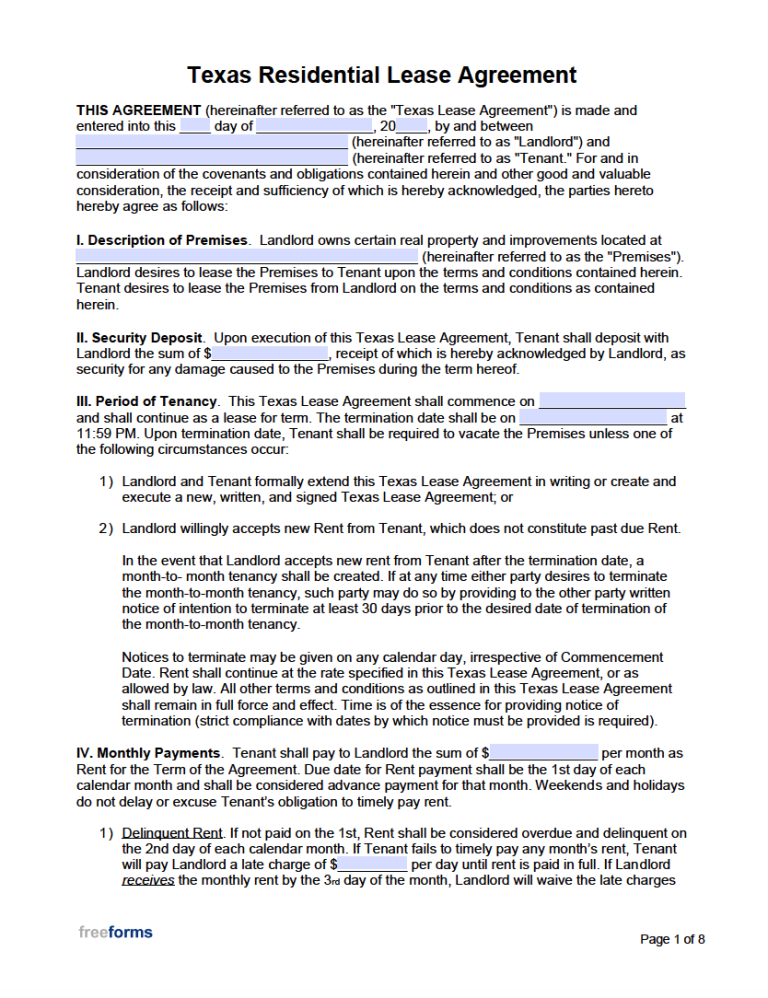 Free Texas Rental Lease Agreement Templates PDF WORD