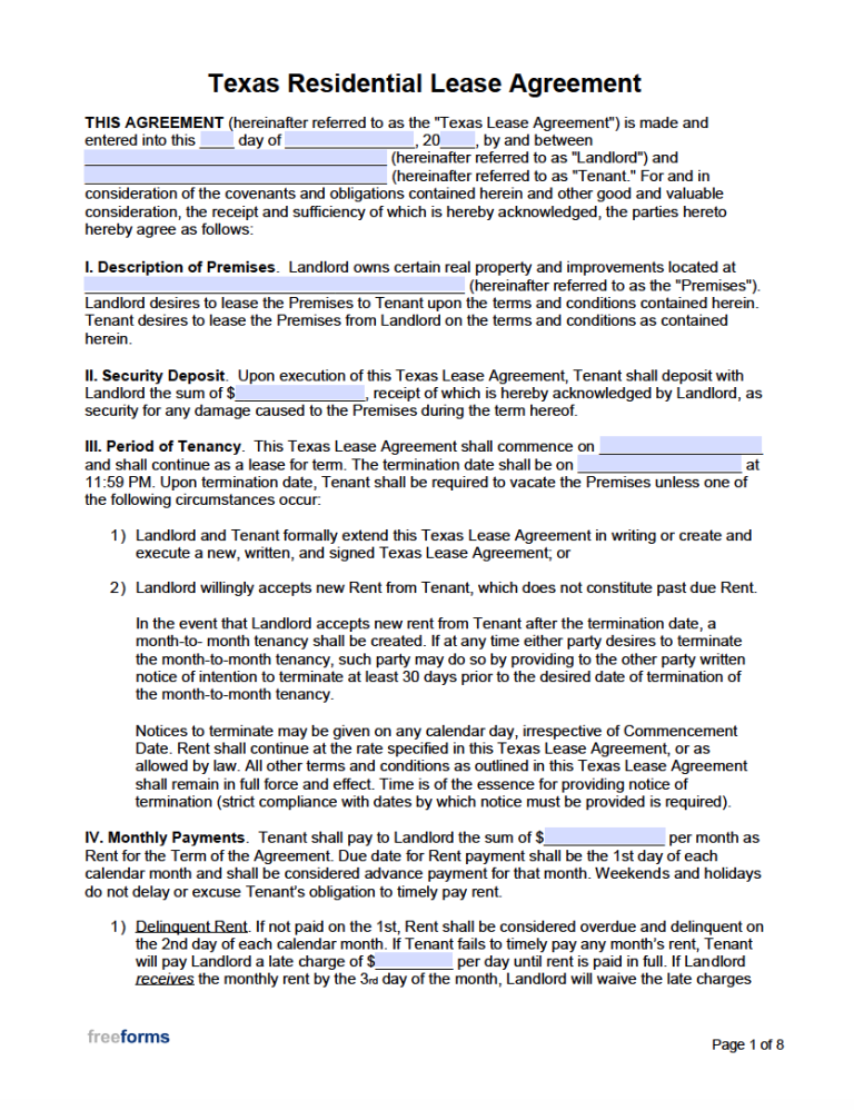 Printable Lease Agreement Texas 8434