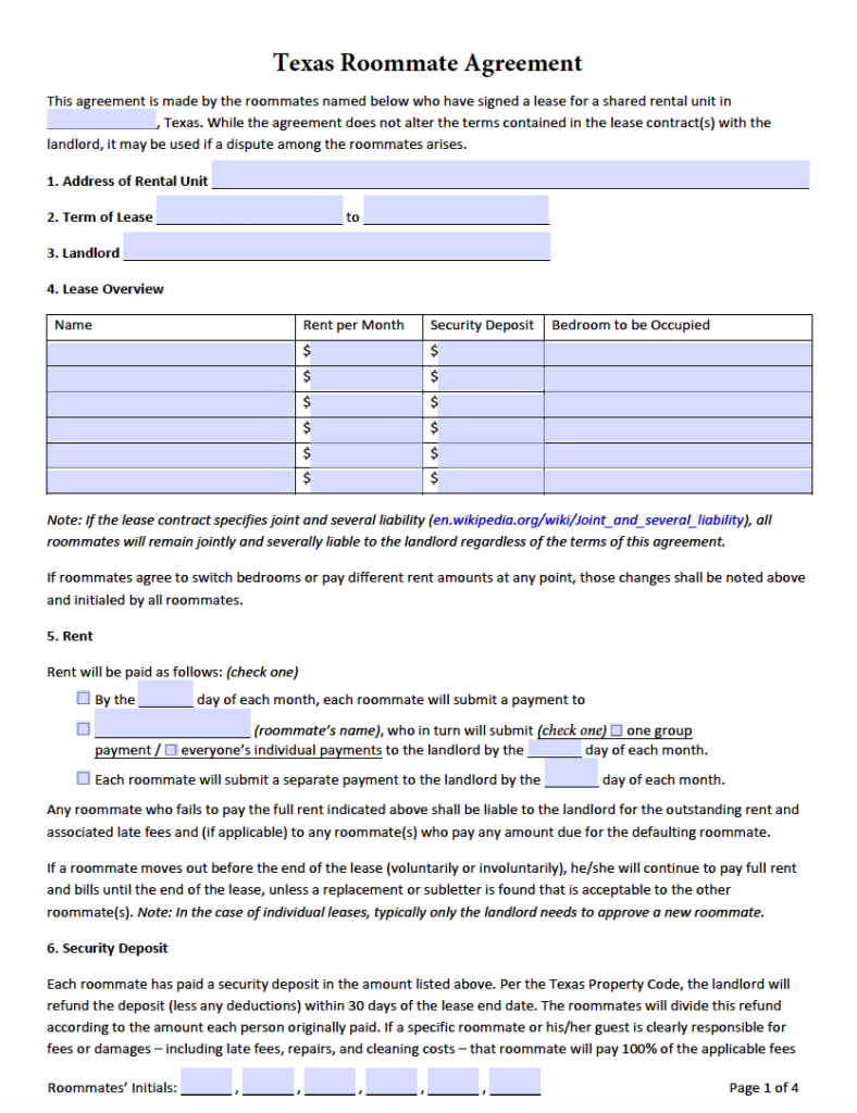 free-texas-roommate-agreement-form-pdf