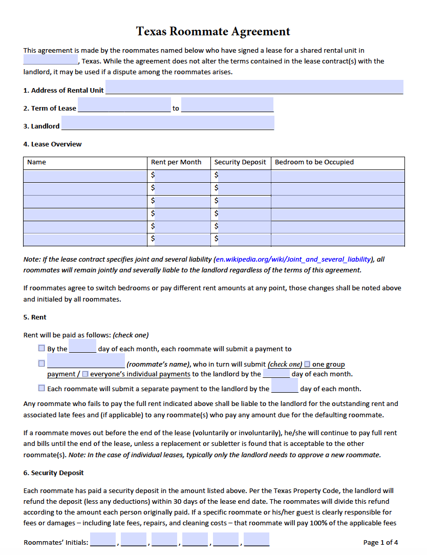 free texas roommate agreement form pdf