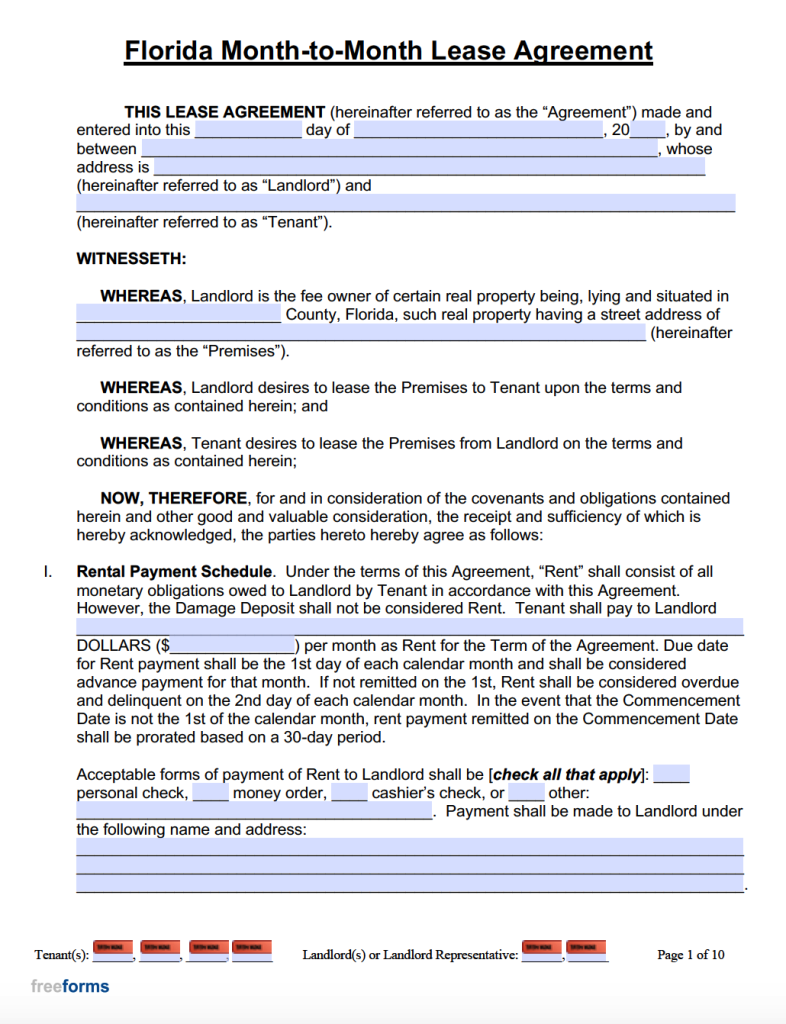 Free Florida MonthtoMonth Lease Agreement PDF WORD