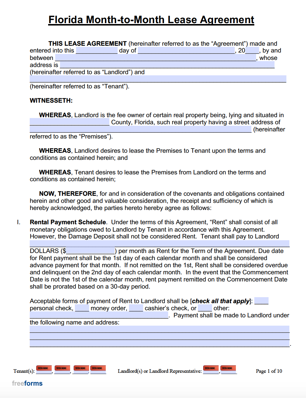 Florida Residential Lease Agreement Short Form Printable Form