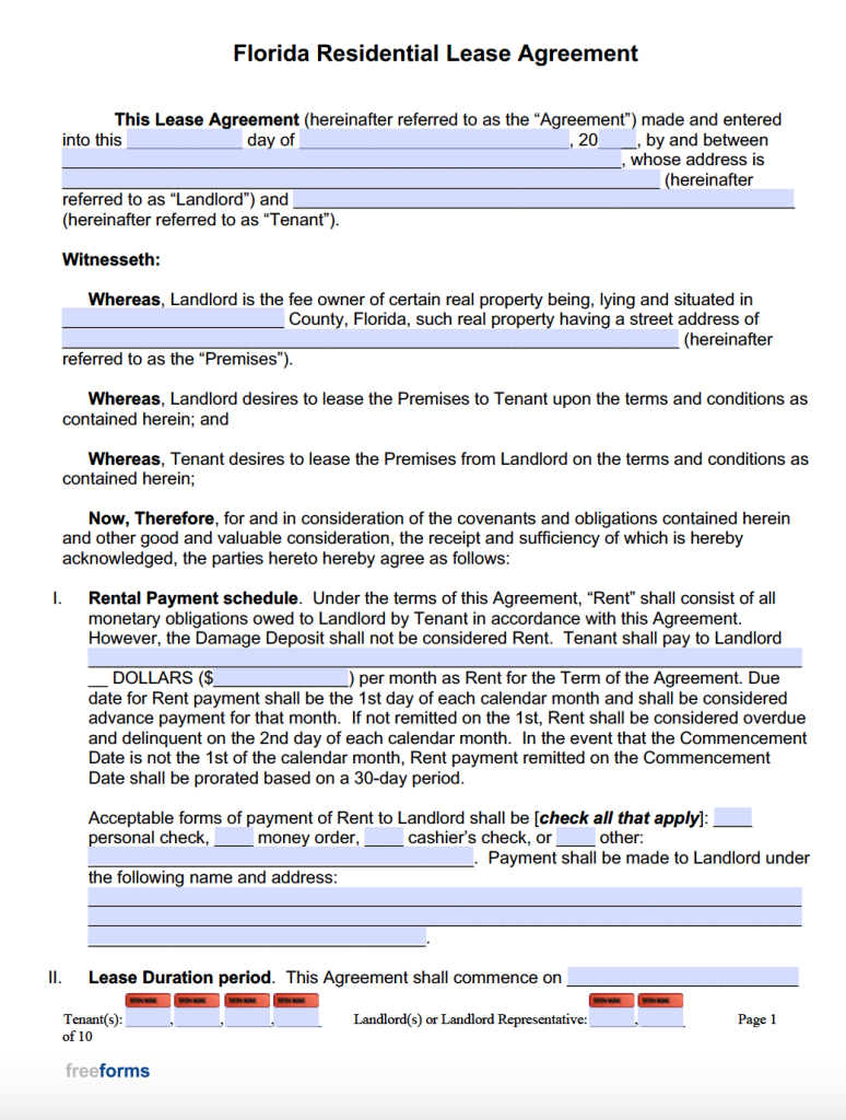 Free Florida Rental Lease Agreement Templates PDF WORD