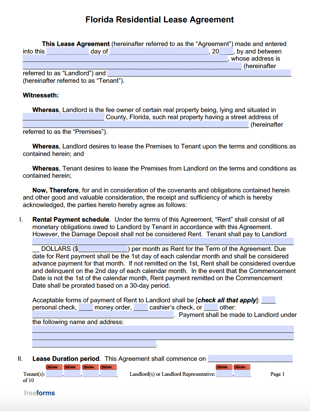 Free Printable Rental Lease Agreement Florida