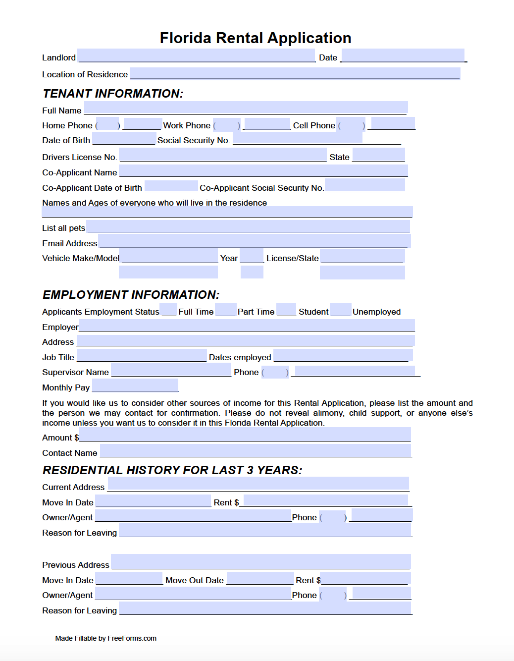 Free Florida Residential Rental Application Form | PDF