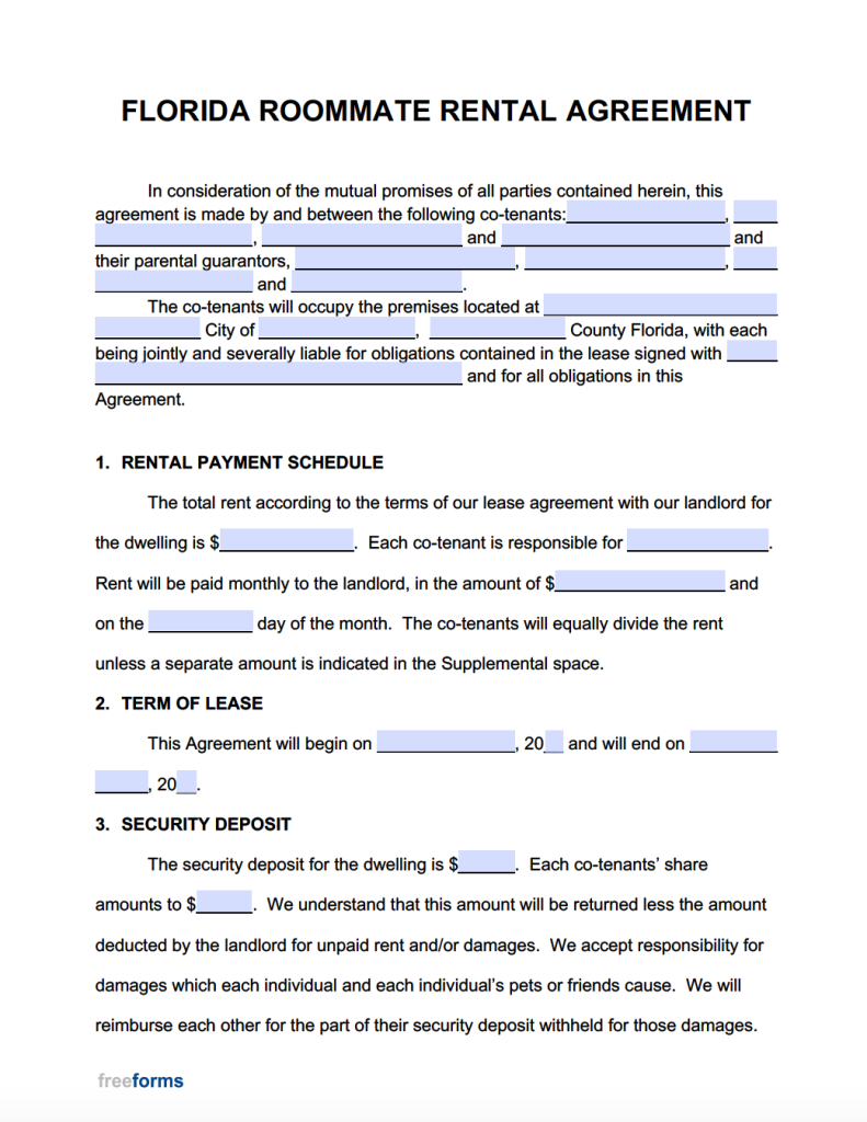 Free Florida Roommate Agreement Template PDF WORD