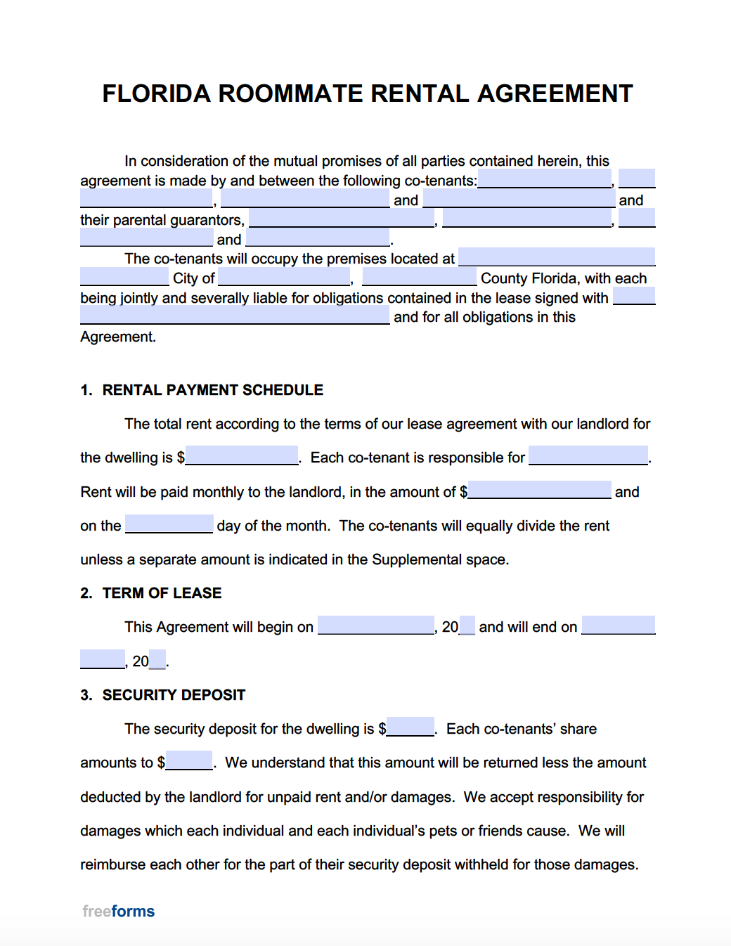 Florida Lease Agreement Template   Florida Roommate Agreement 