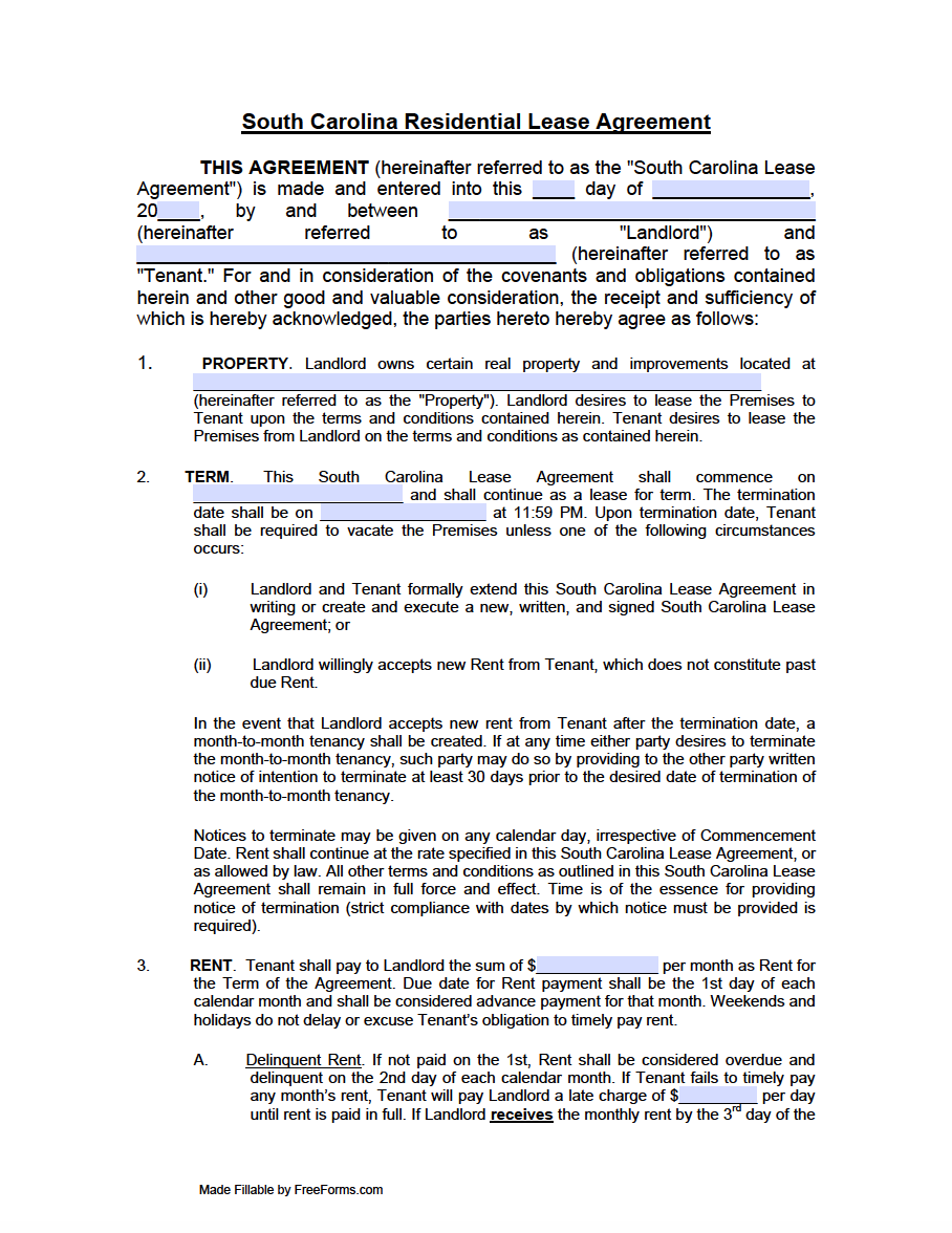 Free South Carolina Rental Lease Agreement Templates  PDF Inside bounce house rental agreement template