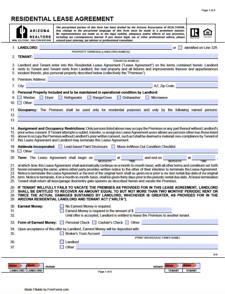 Printable Arizona Residential Lease Agreement