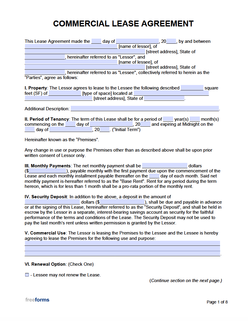 Free Printable Simple Commercial Lease Agreement