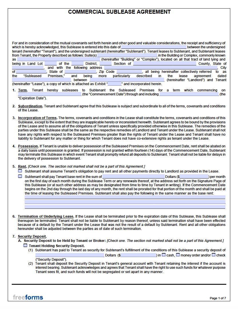 Free Commercial Sublease Agreement Template Pdf
