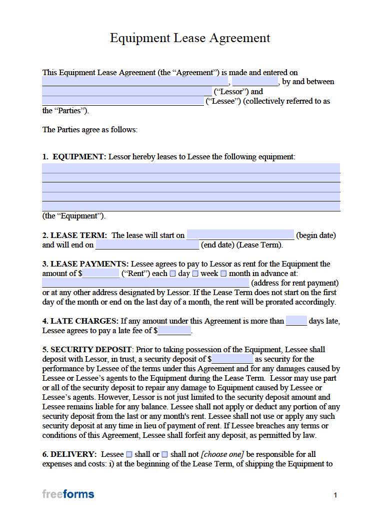 Free Equipment Lease Agreement Template PDF WORD