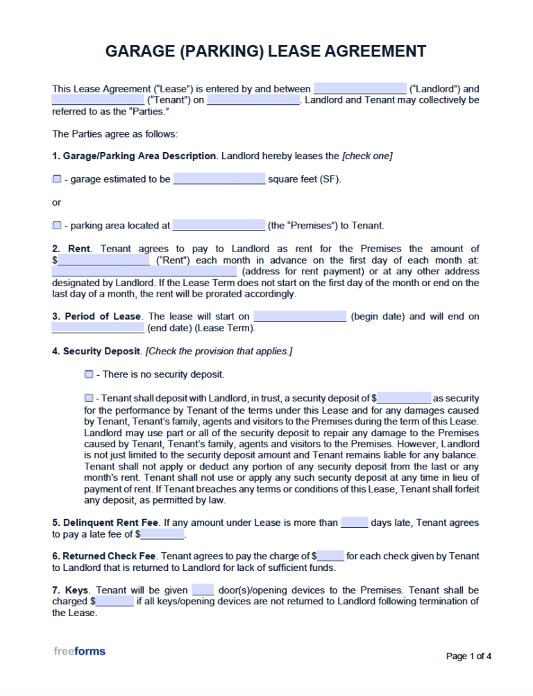 Free Garage (Parking) Rental Lease Agreement Template PDF WORD