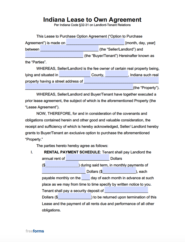 Free Indiana Rental Lease Agreement Templates PDF WORD