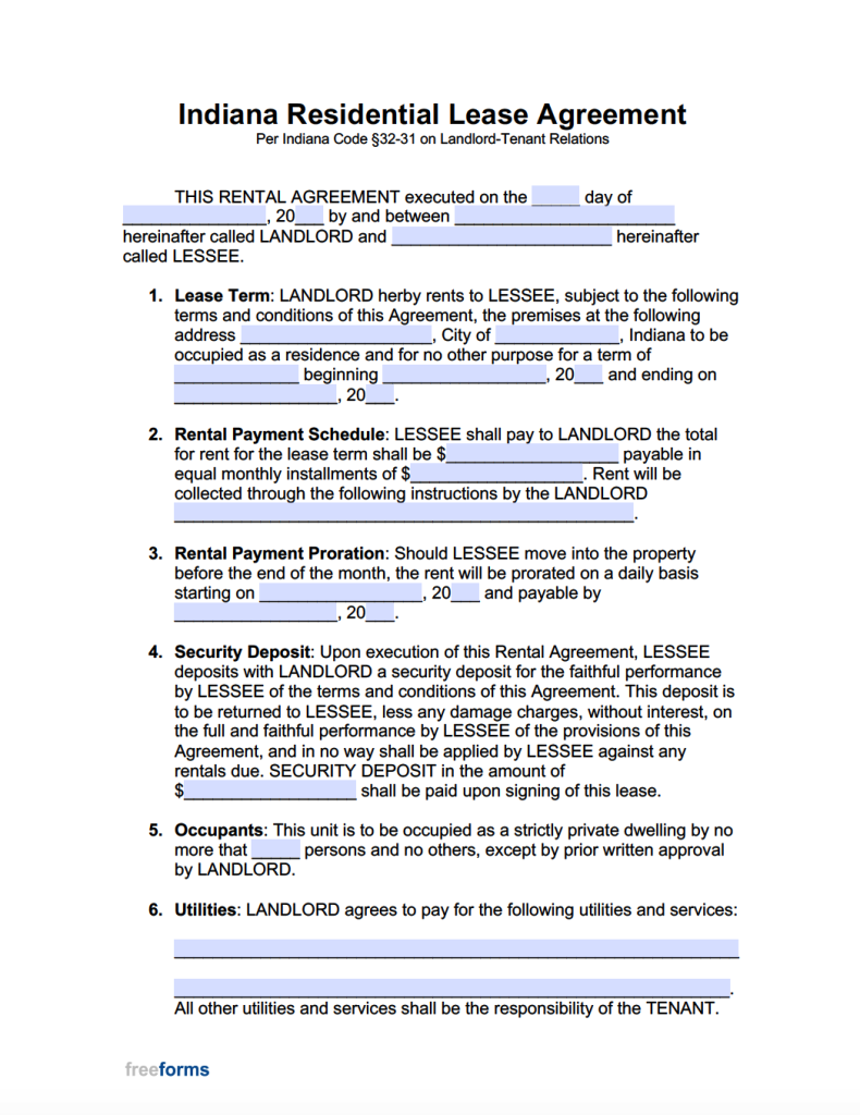 Free Indiana Rental Lease Agreement Templates 