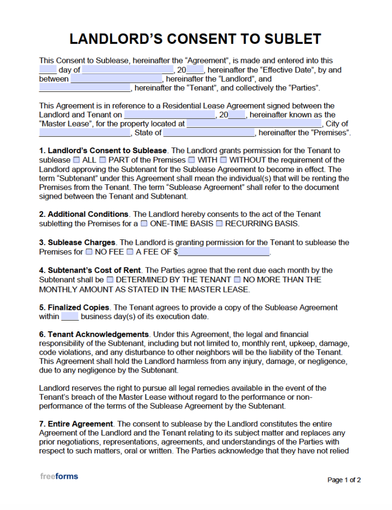 Free Landlord #39 s Consent to Sublet Form PDF WORD