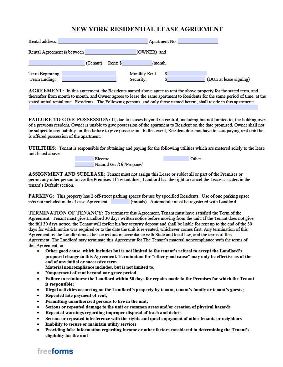 Free Printable Residential Lease Agreement Ny