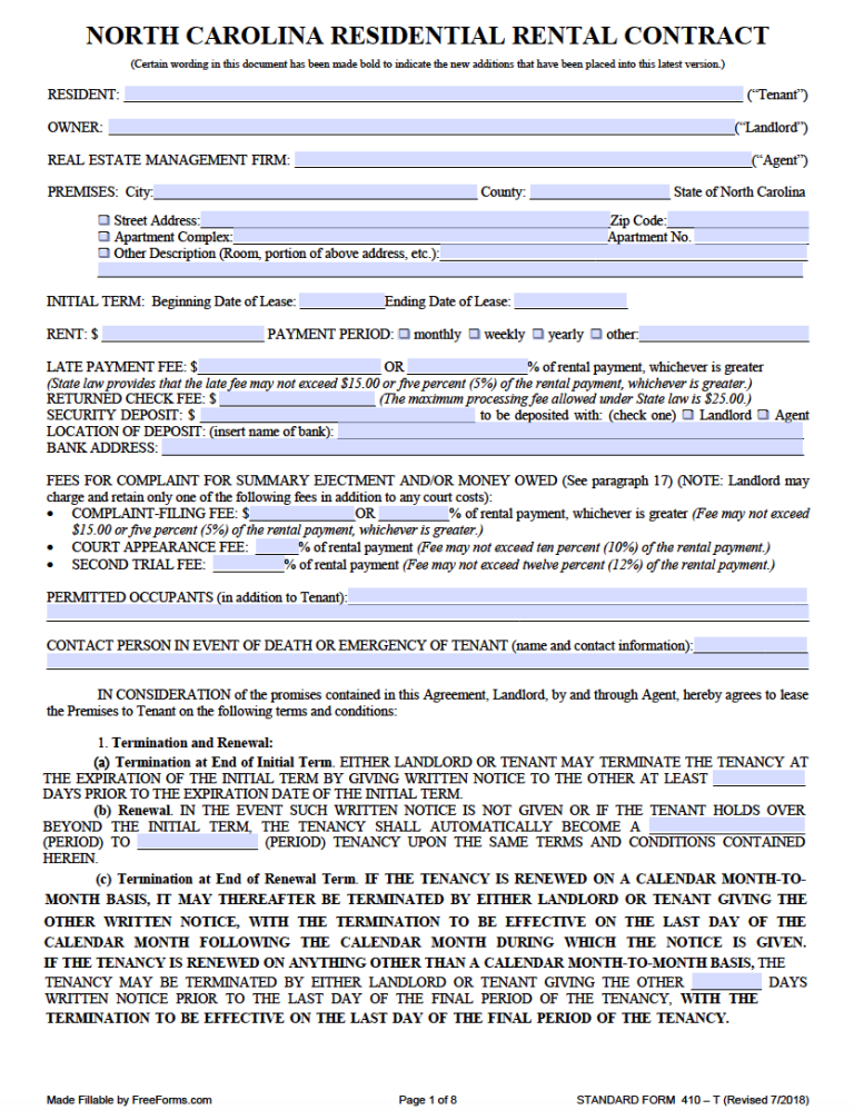 Free North Carolina Rental Lease Agreement Templates | PDF