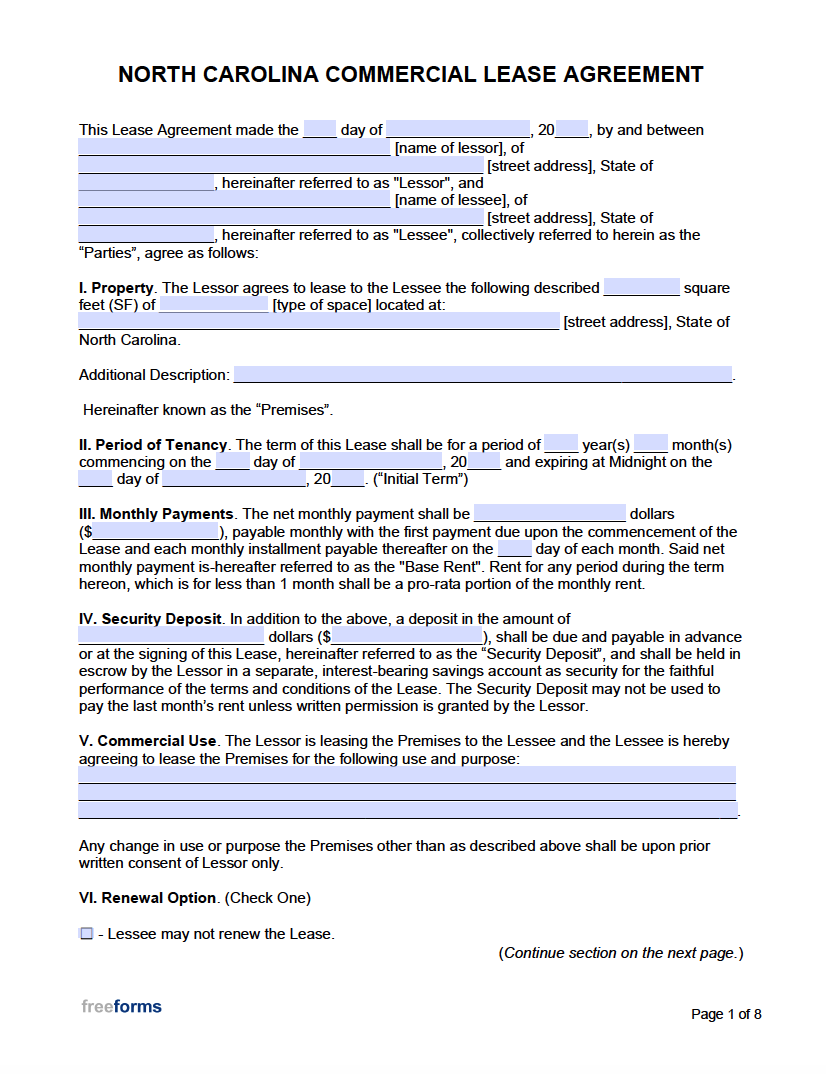Free North Carolina Commercial Lease Agreement Template | PDF | Word