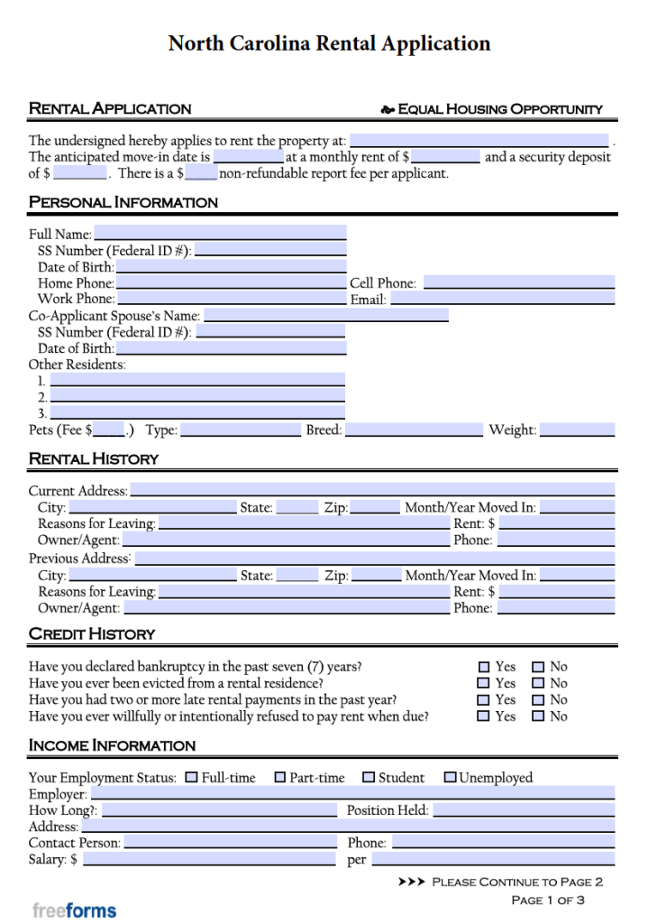Free North Carolina Rental Application Form PDF