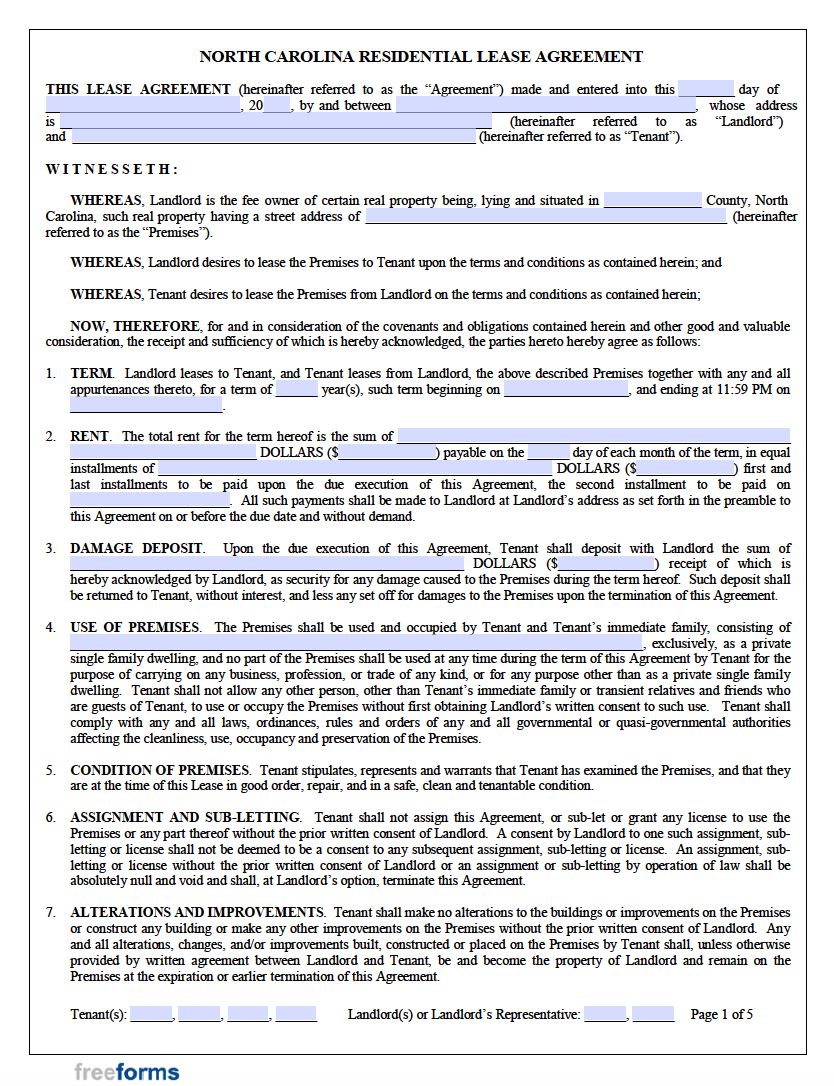 Free North Carolina Rental Lease Agreement Templates PDF