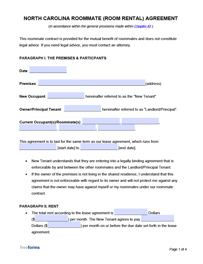 Free North Carolina Roommate (Room Rental) Agreement Template PDF WORD