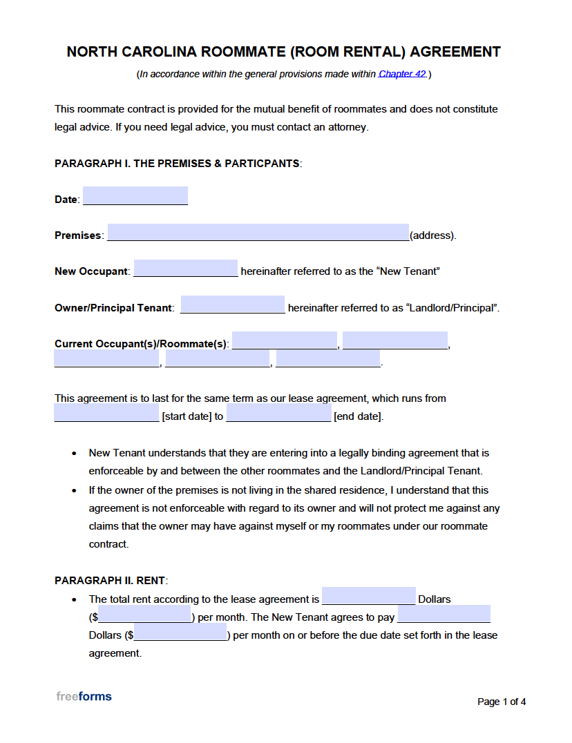 Lease Agreement Form Room Rental Printable Form Templates And Letter   North Carolina Roommate Room Rental Agreement 