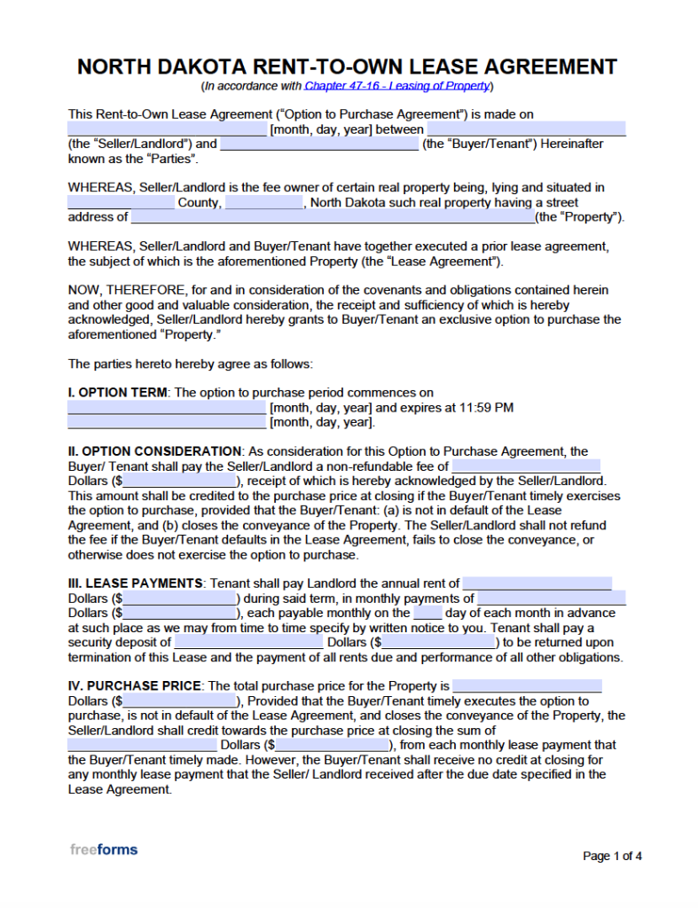 Free North Dakota Rent to Own Lease Agreement Template PDF WORD
