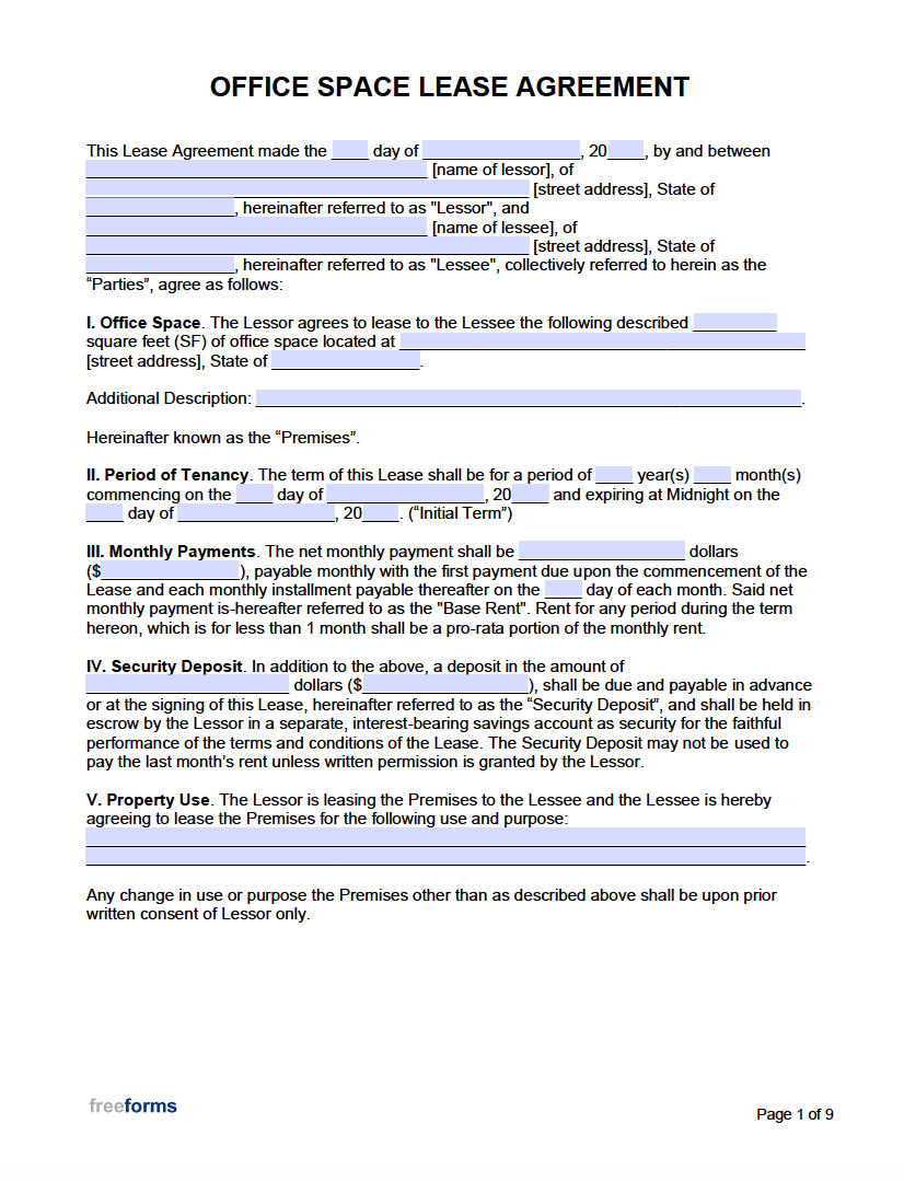 Shared Office Space Lease Agreement Printable Form, Templates and Letter