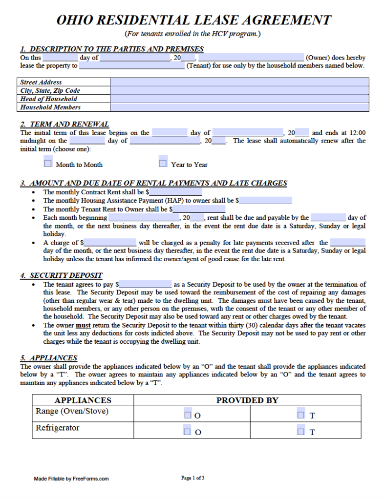 Free Ohio Rental Lease Agreement Templates PDF