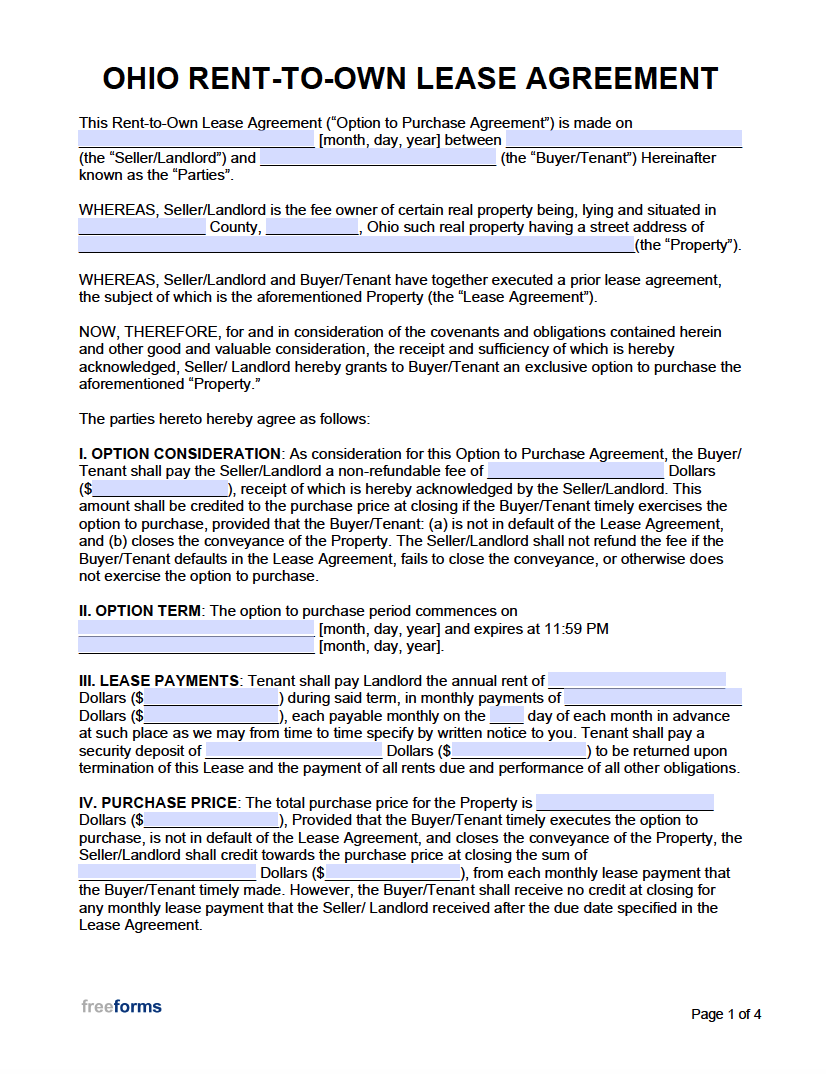 Free Ohio Rent to Own Lease Agreement Template  PDF  WORD Within free rent to own agreement template
