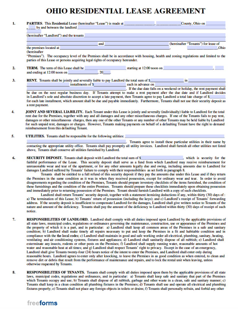 Free Ohio Rental Lease Agreement Templates PDF