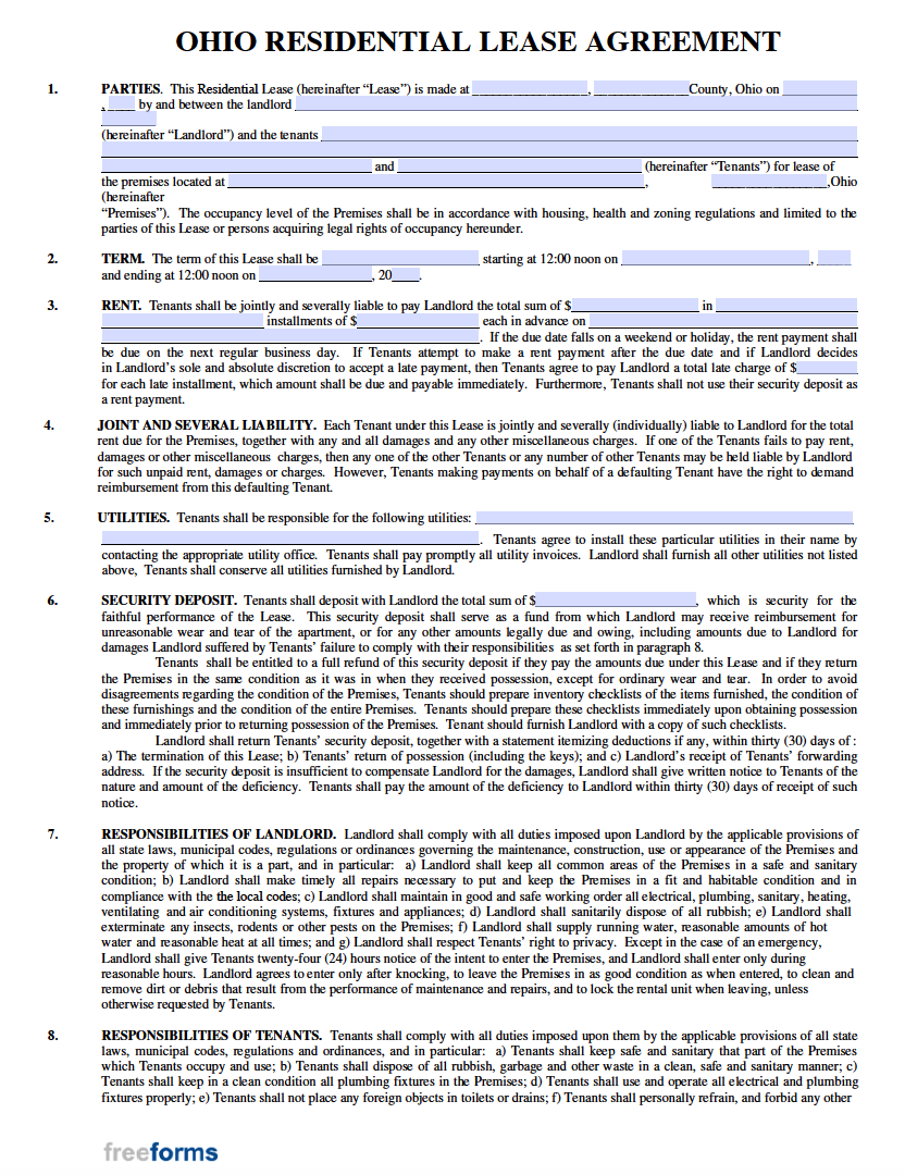 free ohio rental lease agreement templates pdf