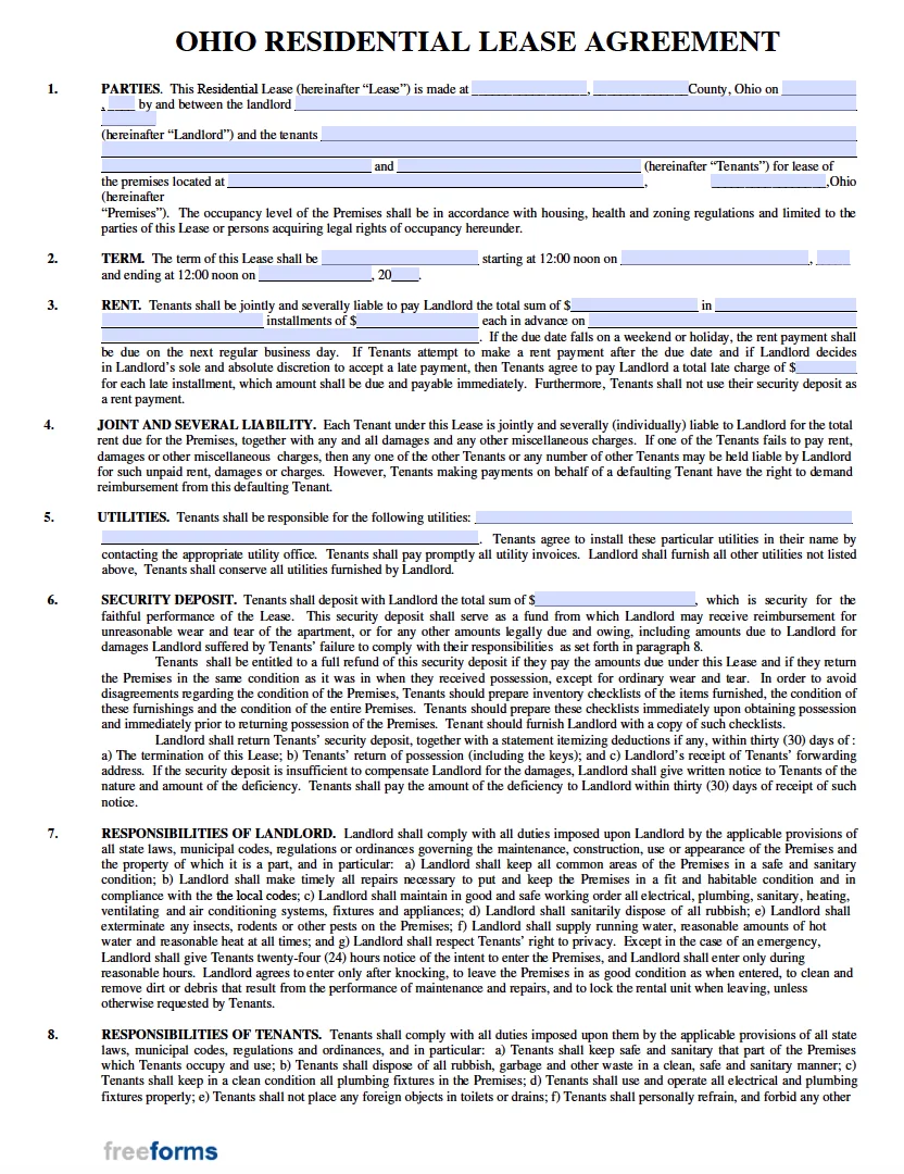 free ohio rental lease agreement templates pdf