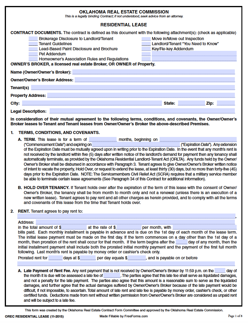 Standard Lease Agreement Form Oklahoma Printable Form Templates and