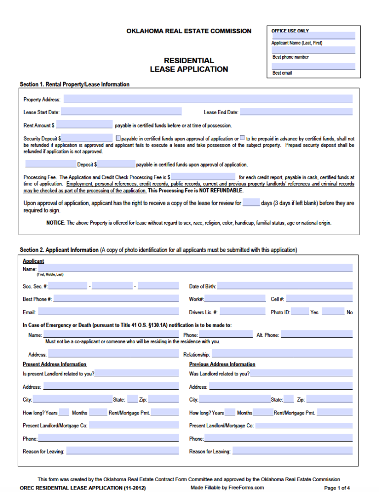 Free Oklahoma Rental Application Form Pdf 7956