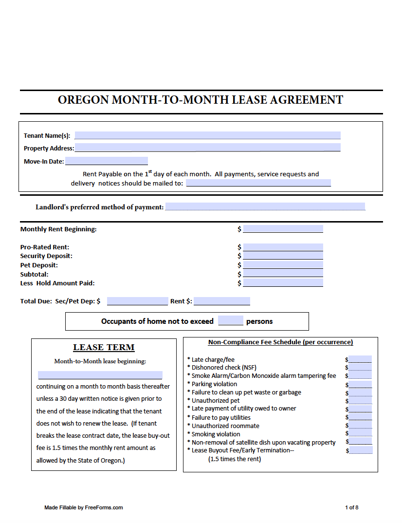 Free Oregon Month to Month Lease Agreement Template PDF
