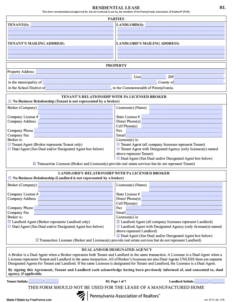 Free Pennsylvania Standard Residential Lease Agreement Template PDF
