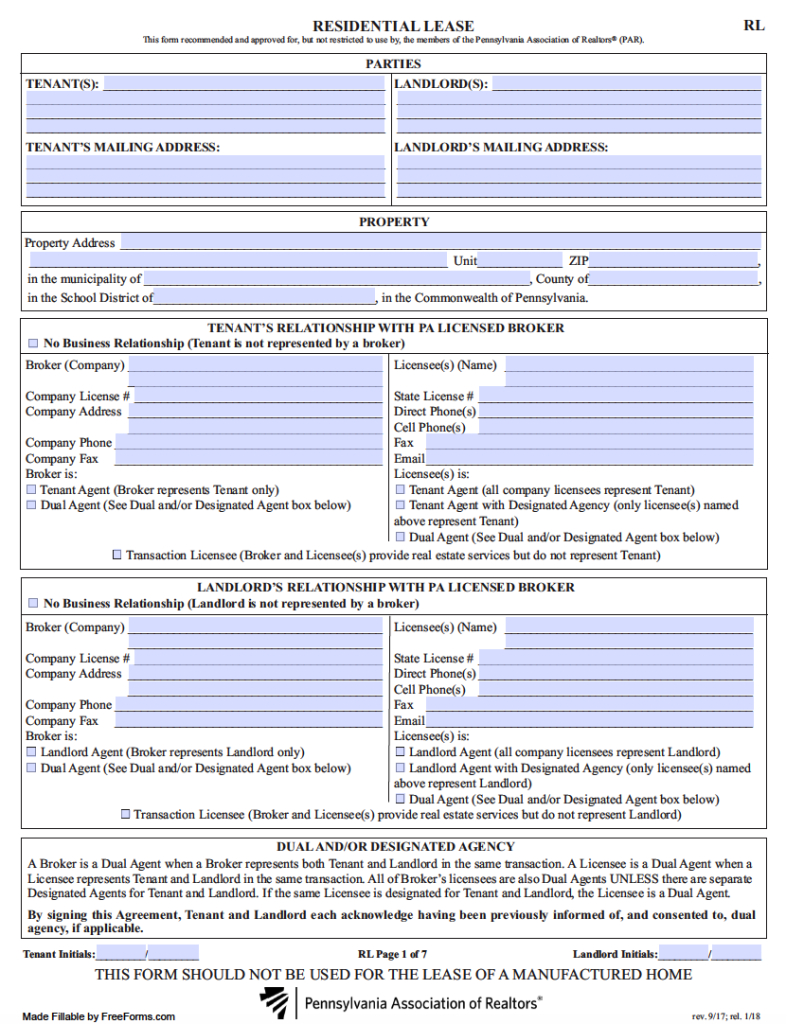 Residential Free Printable Pa Lease Agreement Printable Templates