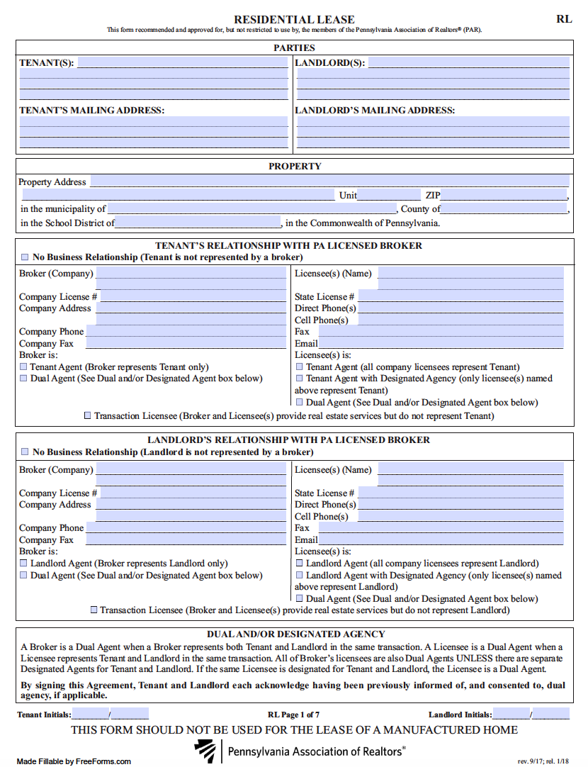 Free Pennsylvania Rental Lease Agreement Templates PDF