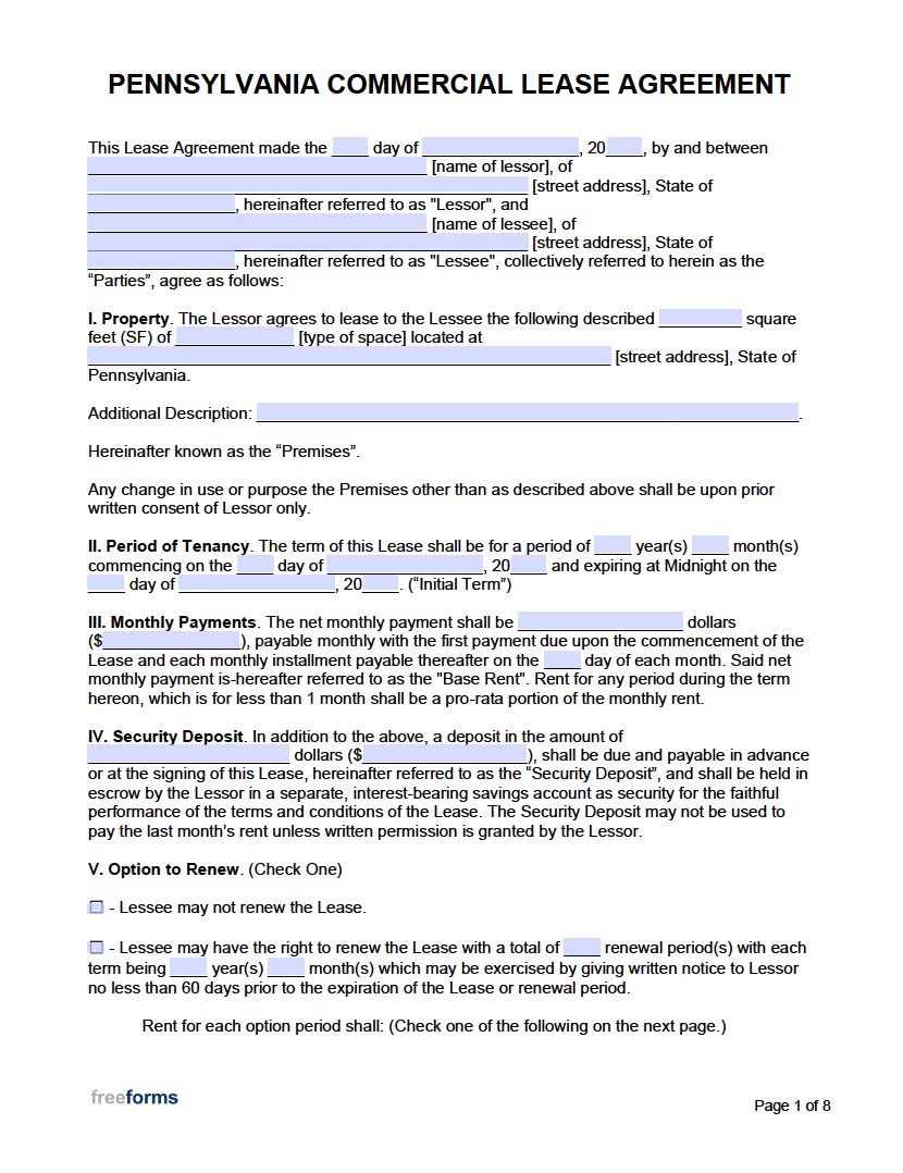 Free Pennsylvania Commercial Lease Agreement Template PDF WORD