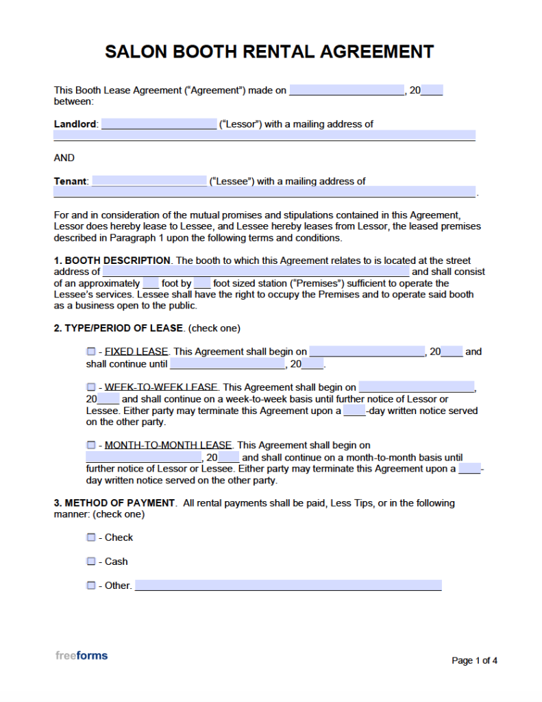 Beauty Salon Booth Rental Agreement Template