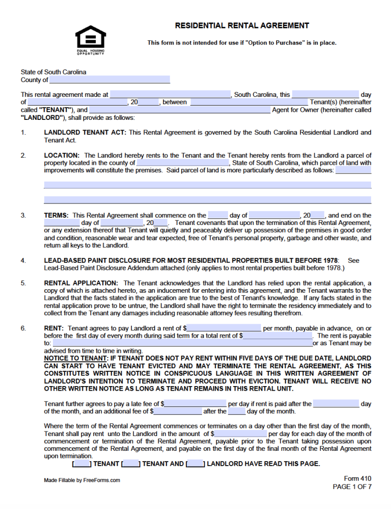 Free South Carolina Rental Lease Agreement Templates | PDF