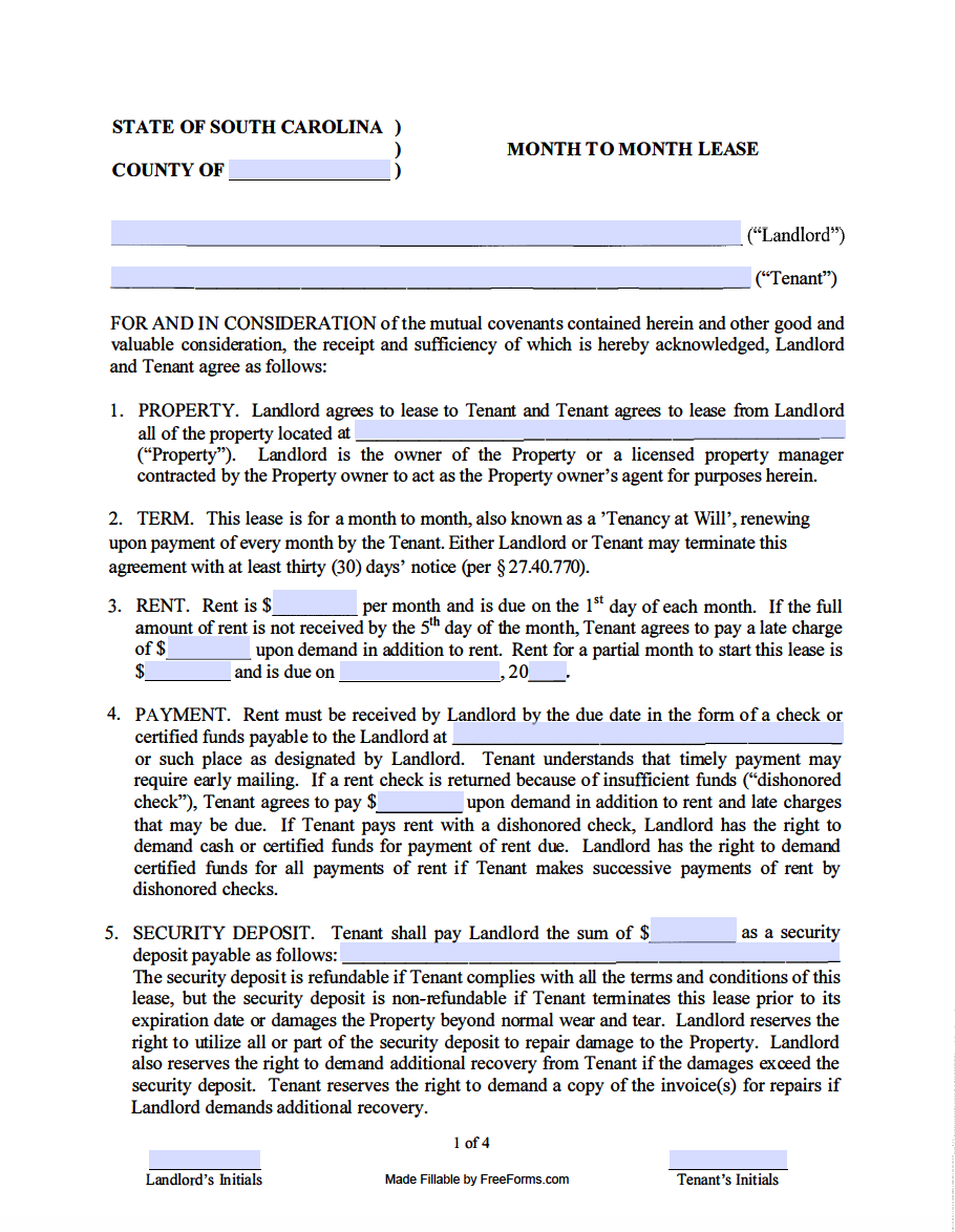 Free South Carolina Month To Month Lease Agreement Template Pdf