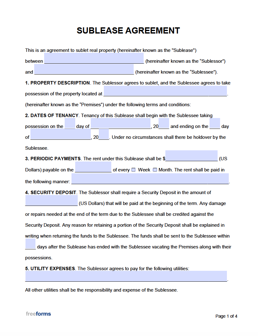 Free Sublease Agreement Template  PDF  WORD Pertaining To pre contract deposit agreement template