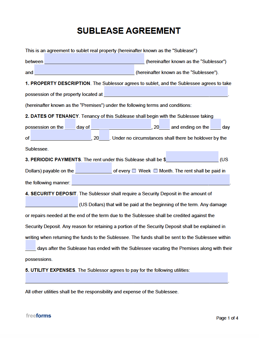 Free Sublease Agreement Template PDF WORD