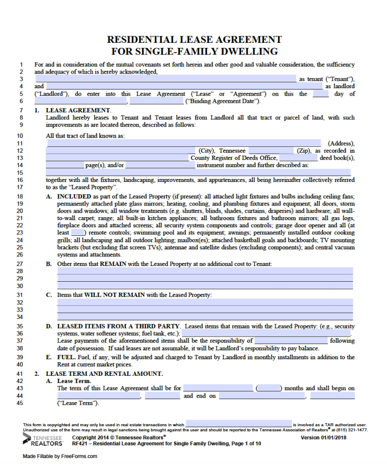 Free Tennessee Standard Residential Lease Agreement Template 