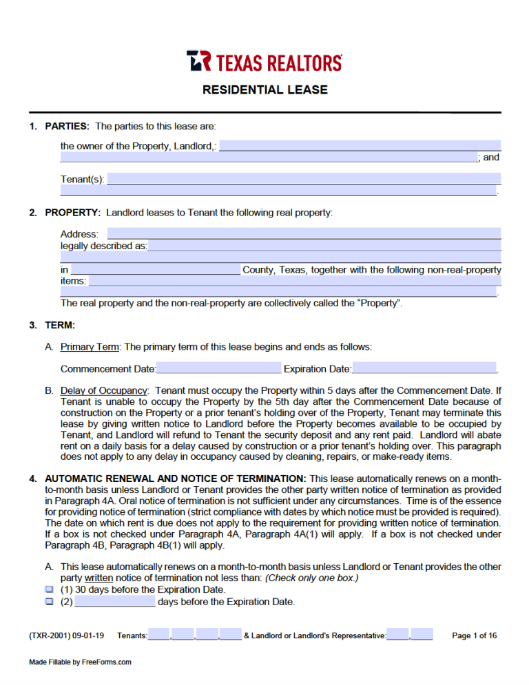 Printable Texas Residential Lease Agreement