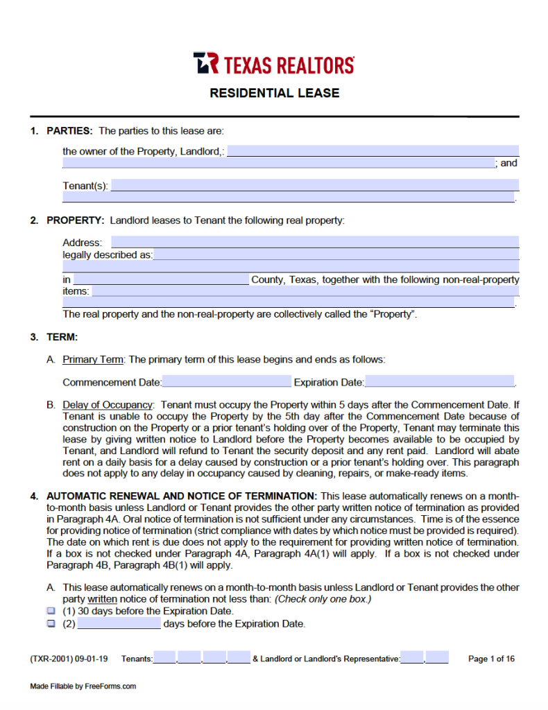 Texas Residential Lease Agreement Template